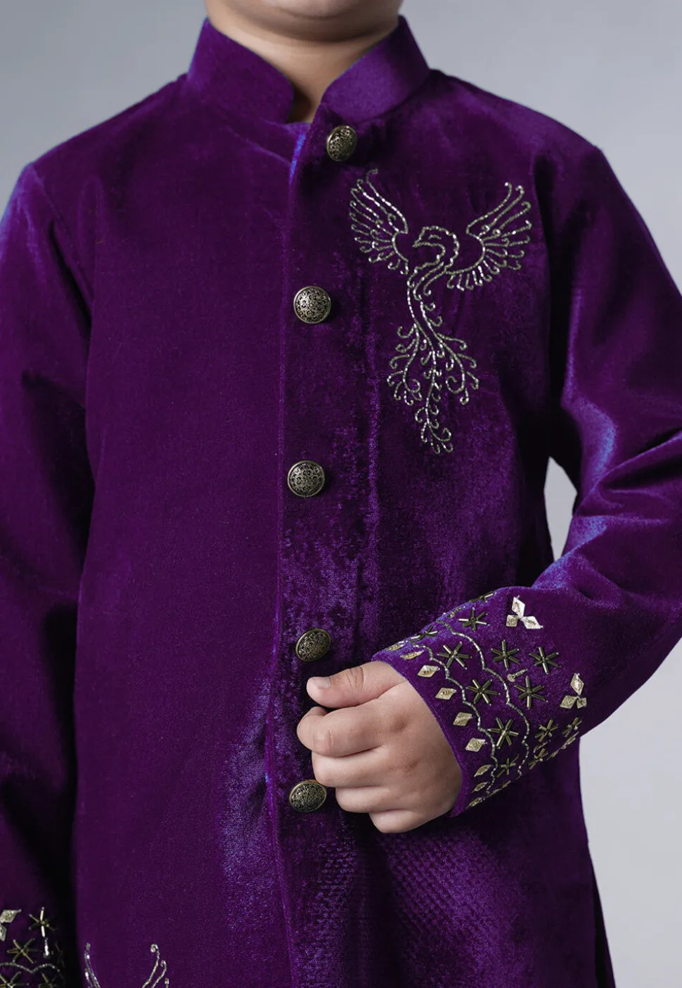 Hand Embroidered Velvet Sherwani Set in Purple