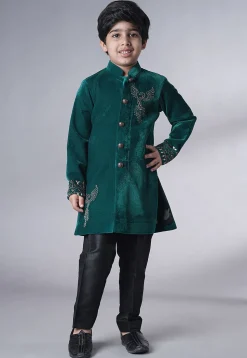 Hand Embroidered Velvet Sherwani Set in Teal Green