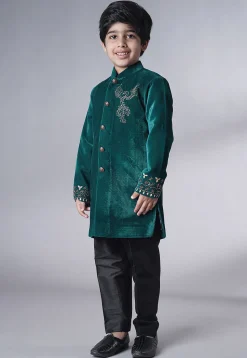 Hand Embroidered Velvet Sherwani Set in Teal Green