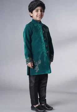Hand Embroidered Velvet Sherwani Set in Teal Green