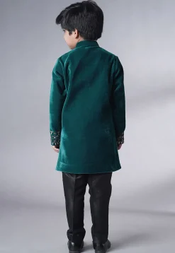 Hand Embroidered Velvet Sherwani Set in Teal Green