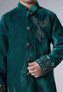 Hand Embroidered Velvet Sherwani Set in Teal Green