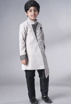 Hand Embroidered Velvet Sherwani Set in Grey