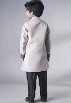 Hand Embroidered Velvet Sherwani Set in Grey