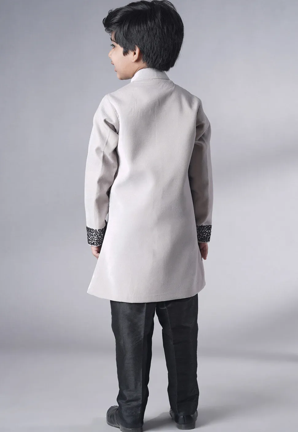 Hand Embroidered Velvet Sherwani Set in Grey