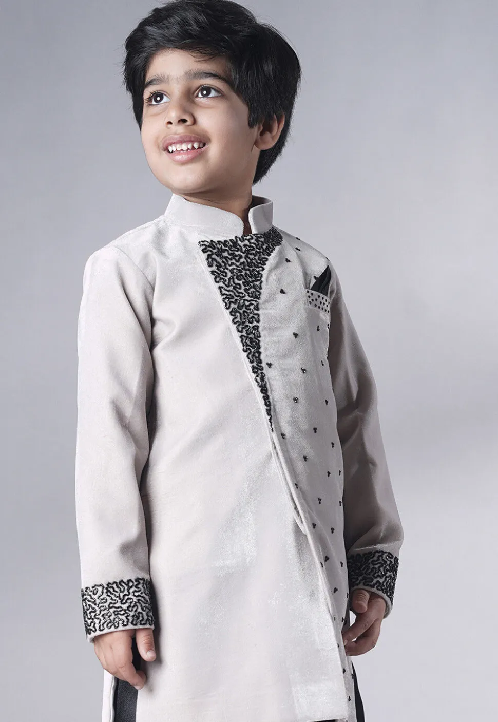 Hand Embroidered Velvet Sherwani Set in Grey