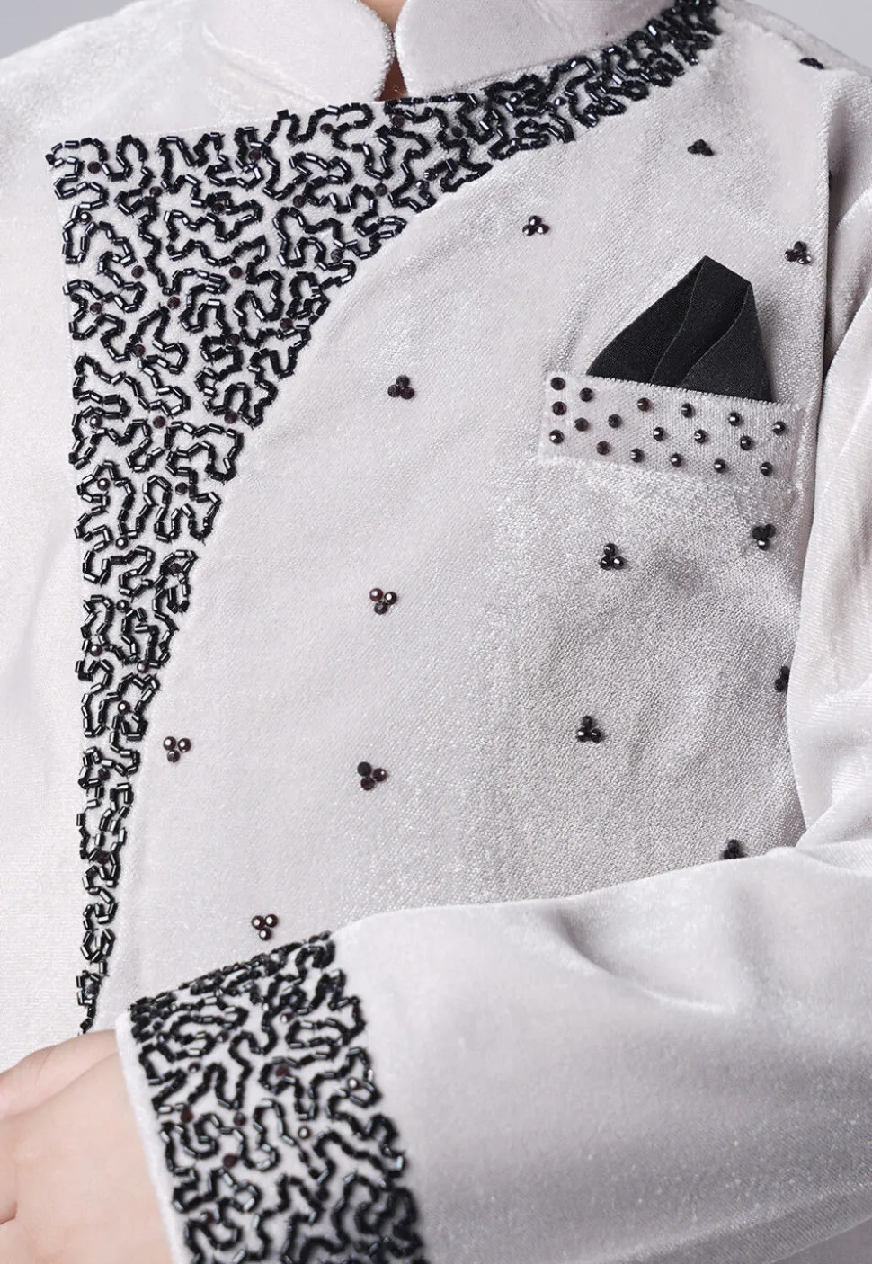 Hand Embroidered Velvet Sherwani Set in Grey