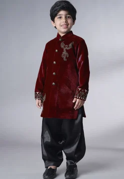 Hand Embroidered Velvet Sherwani Set in Maroon