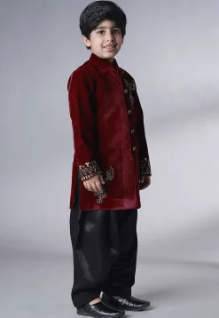 Hand Embroidered Velvet Sherwani Set in Maroon
