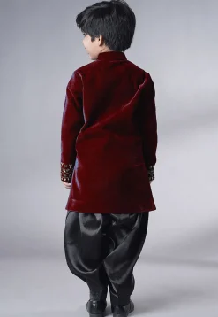 Hand Embroidered Velvet Sherwani Set in Maroon