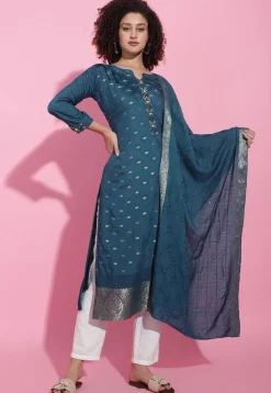 Hand Embroidered Viscose Silk Pakistani Suit in Teal Blue