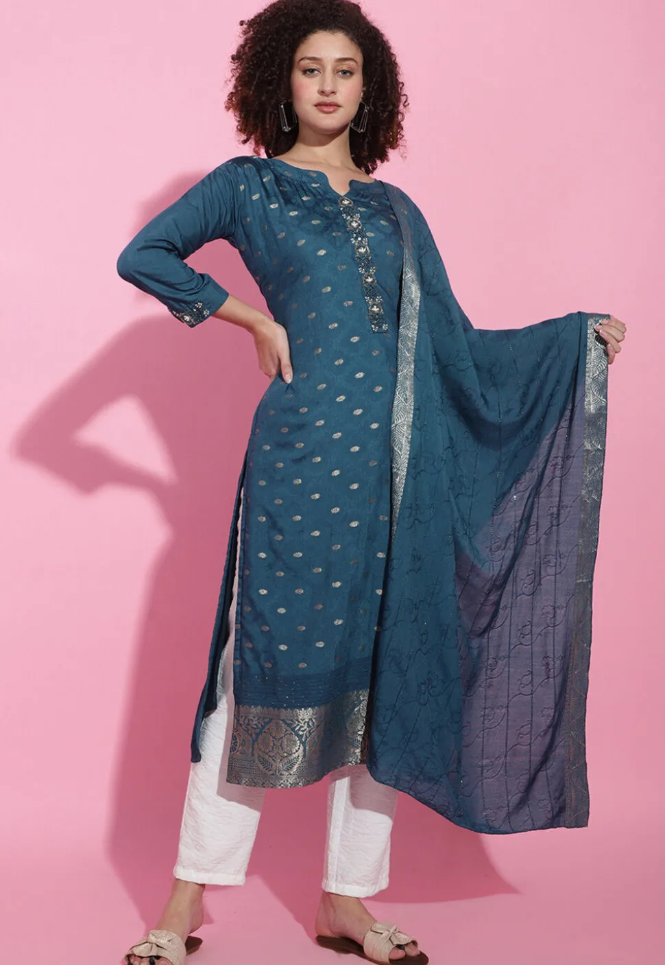 Hand Embroidered Viscose Silk Pakistani Suit in Teal Blue
