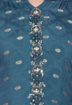 Hand Embroidered Viscose Silk Pakistani Suit in Teal Blue