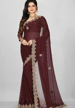 Hand Embroidered Viscose Georgette Saree in Dark Brown