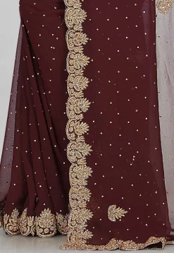 Hand Embroidered Viscose Georgette Saree in Dark Brown