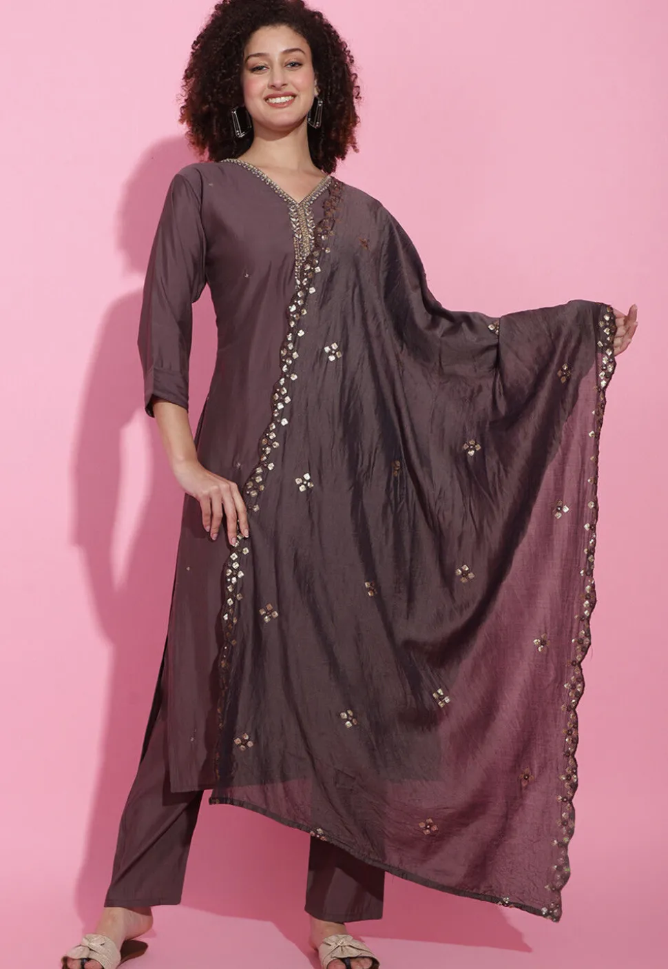 Hand Embroidered Viscose Silk Pakistani Suit in Brown