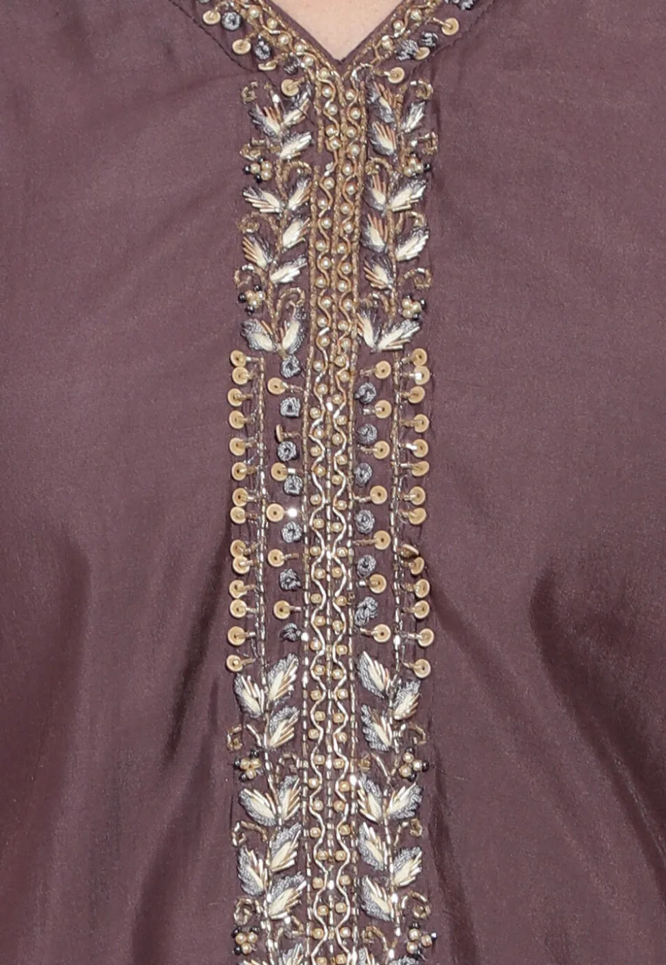 Hand Embroidered Viscose Silk Pakistani Suit in Brown