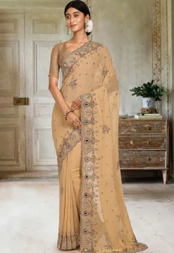 Hand Embroidered Viscose Georgette Saree in Beige
