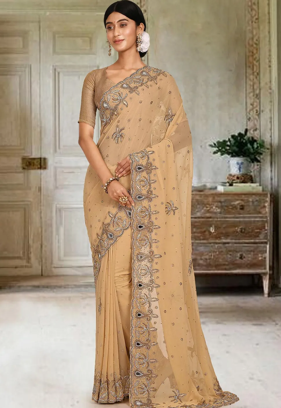 Hand Embroidered Viscose Georgette Saree in Beige