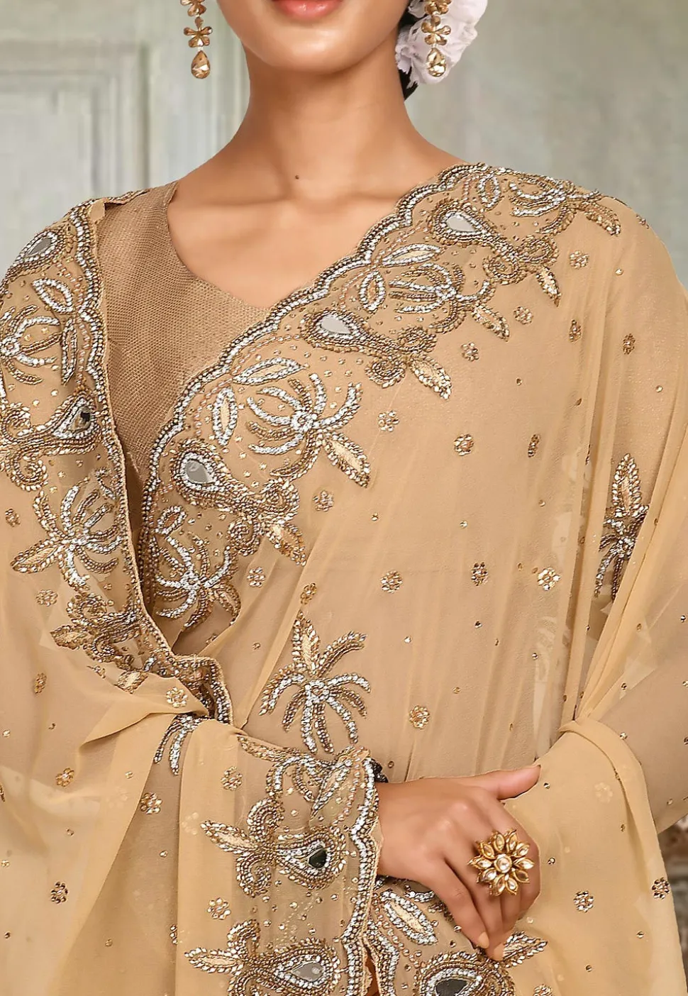 Hand Embroidered Viscose Georgette Saree in Beige