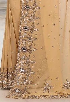 Hand Embroidered Viscose Georgette Saree in Beige