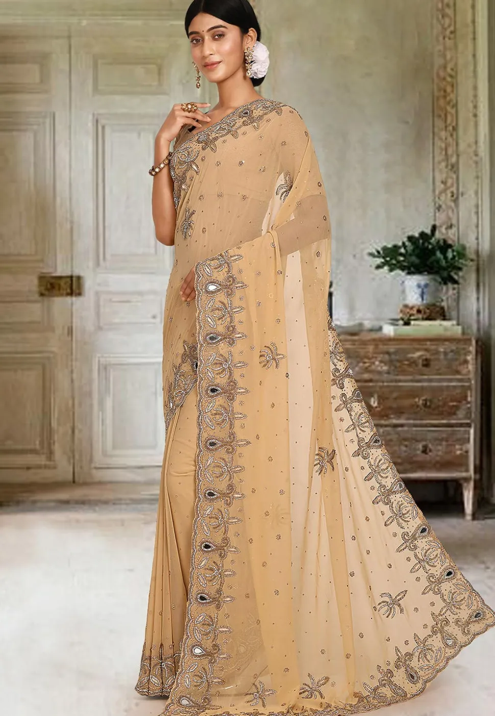 Hand Embroidered Viscose Georgette Saree in Beige