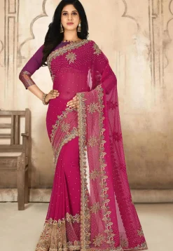 Hand Embroidered Viscose Georgette Saree in Fuchsia