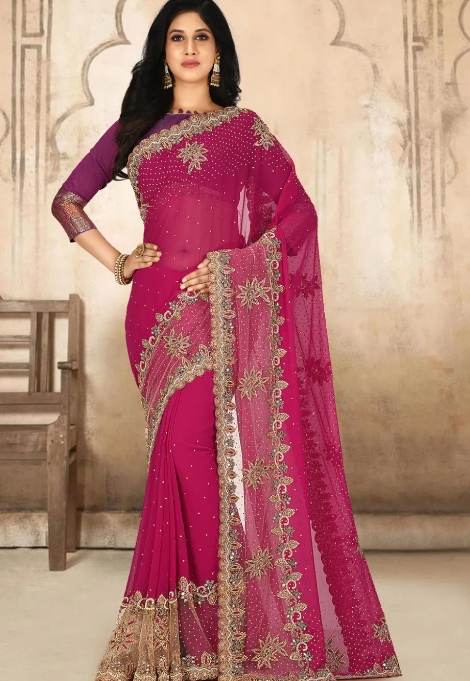 Hand Embroidered Viscose Georgette Saree in Fuchsia