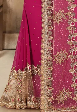 Hand Embroidered Viscose Georgette Saree in Fuchsia