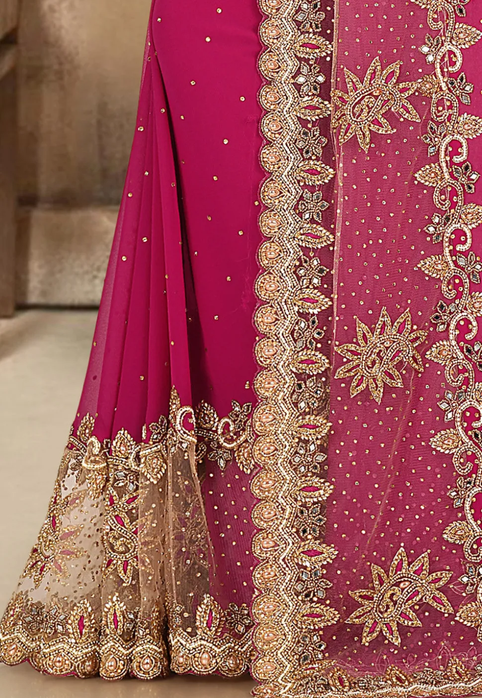 Hand Embroidered Viscose Georgette Saree in Fuchsia