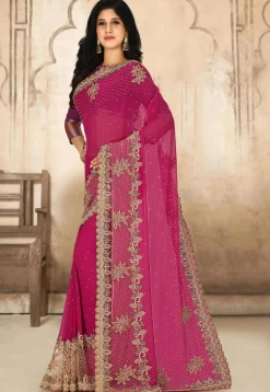 Hand Embroidered Viscose Georgette Saree in Fuchsia