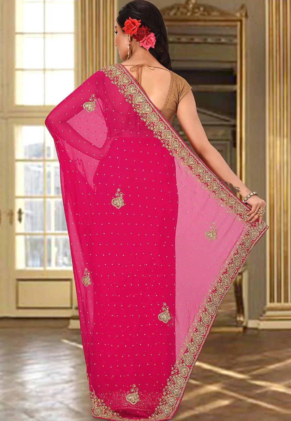 Hand Embroidered Viscose Georgette Saree in Fuchsia