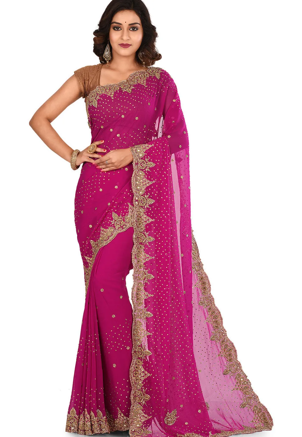 Hand Embroidered Viscose Georgette Saree in Fuchsia