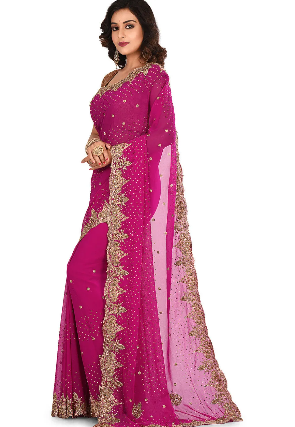 Hand Embroidered Viscose Georgette Saree in Fuchsia