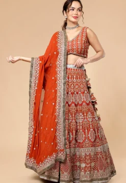 Hand Embroidered Viscose Georgette Lehenga in Rust