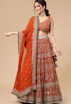 Hand Embroidered Viscose Georgette Lehenga in Rust