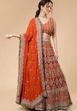 Hand Embroidered Viscose Georgette Lehenga in Rust