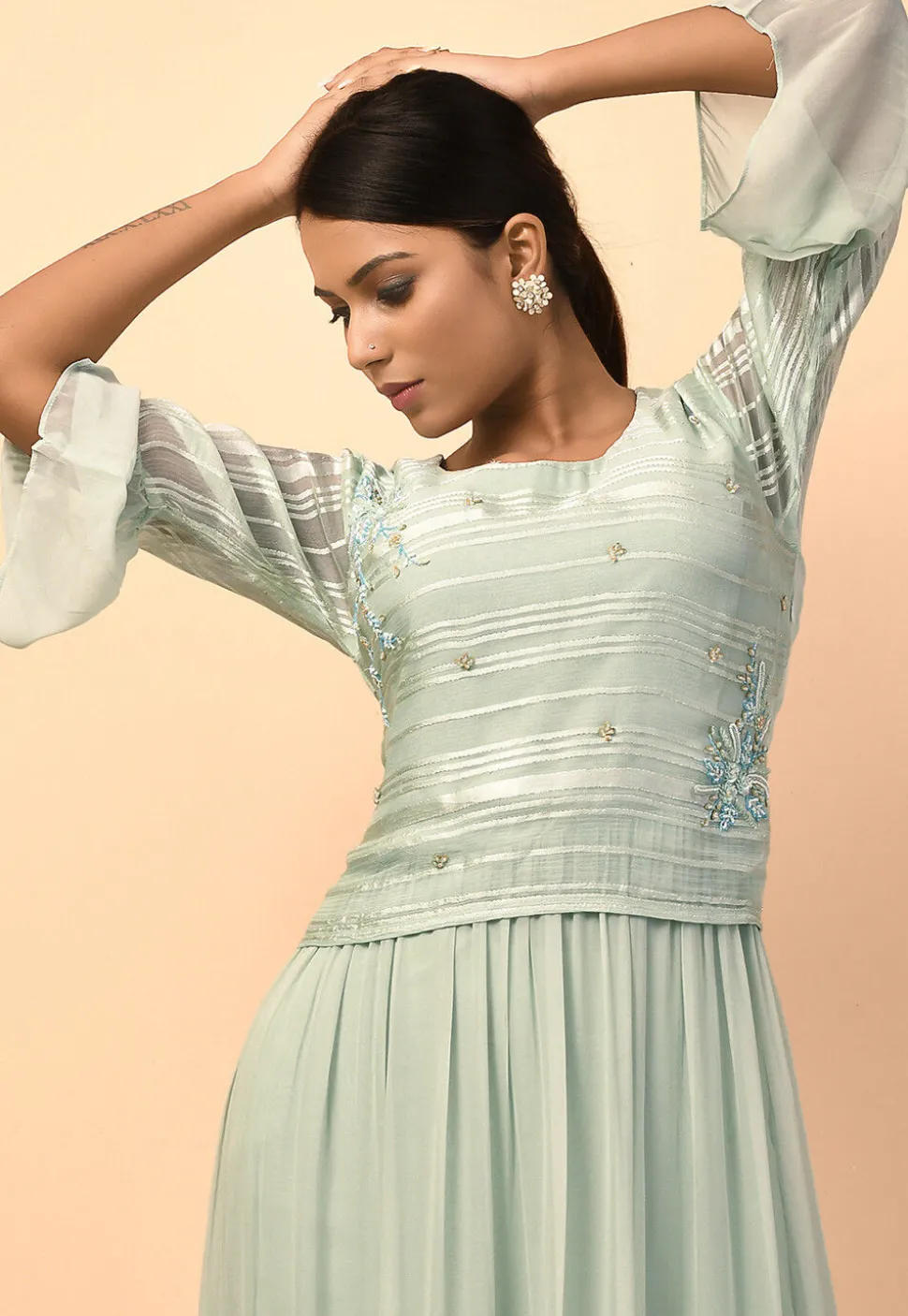 Hand Embroidered Viscose Georgette Tiered Gown in Dusty Green