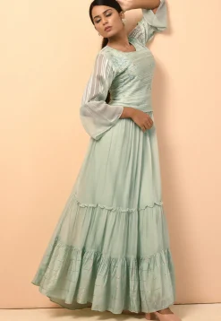 Hand Embroidered Viscose Georgette Tiered Gown in Dusty Green