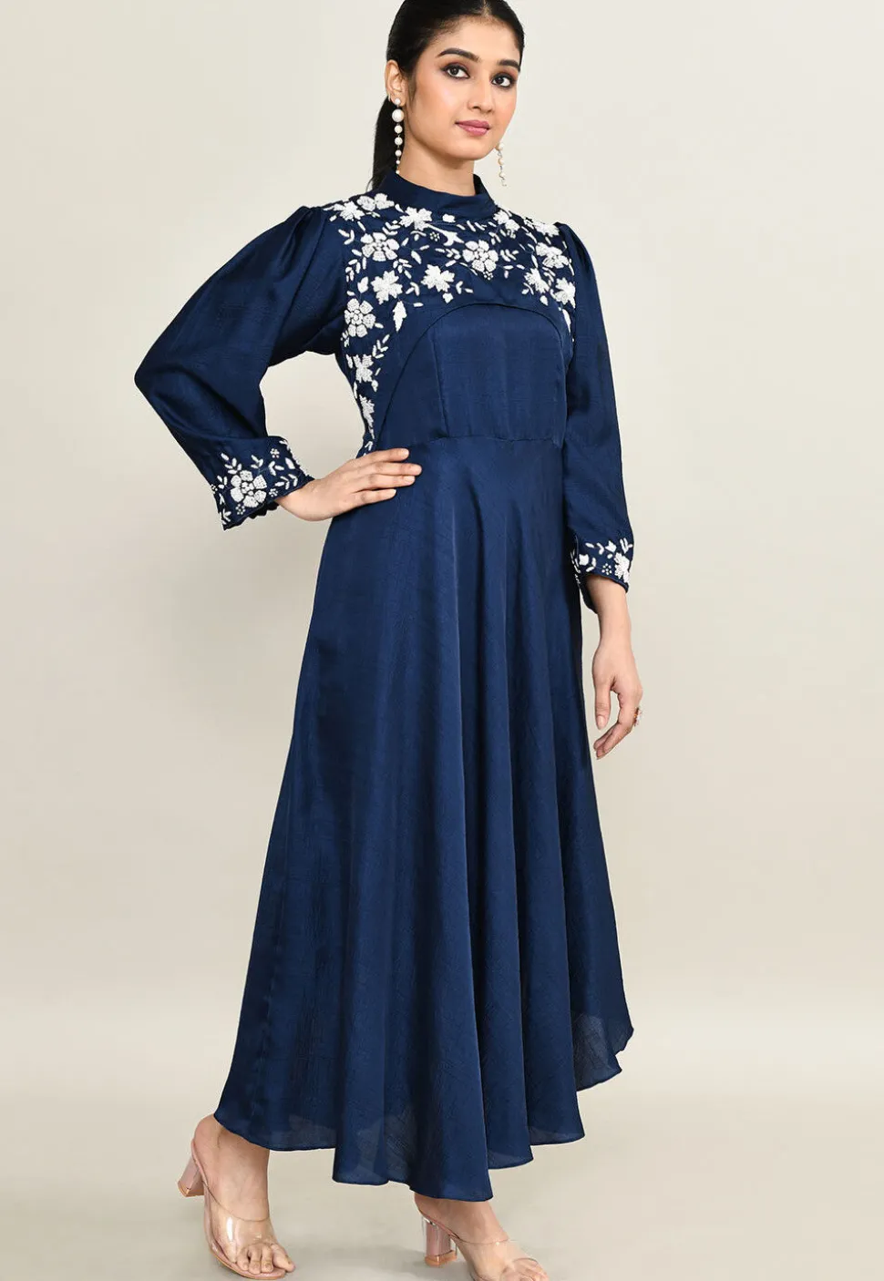 Hand Embroidered Viscose Silk Asymmetric Dress in Navy Blue
