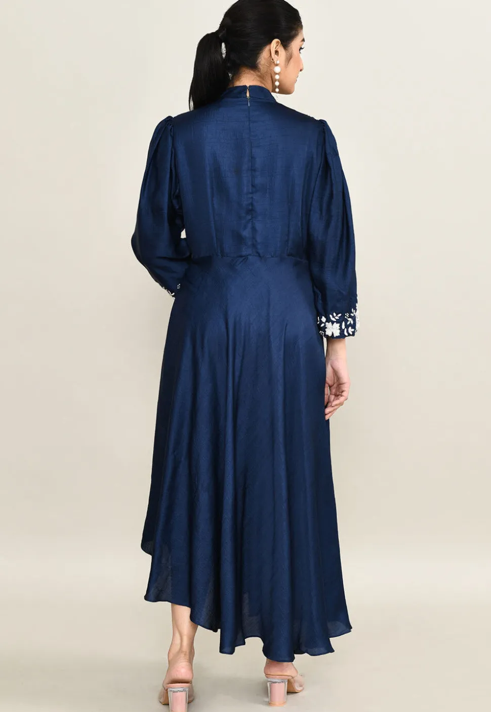 Hand Embroidered Viscose Silk Asymmetric Dress in Navy Blue