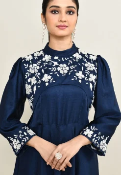 Hand Embroidered Viscose Silk Asymmetric Dress in Navy Blue