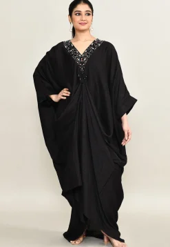 Hand Embroidered Viscose Silk Kaftan Dress in Black