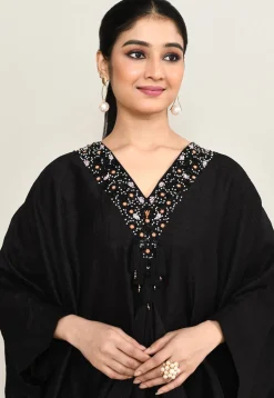 Hand Embroidered Viscose Silk Kaftan Dress in Black