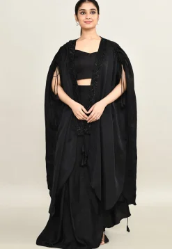 Hand Embroidered Viscose Cotton Crop Top Set in Black