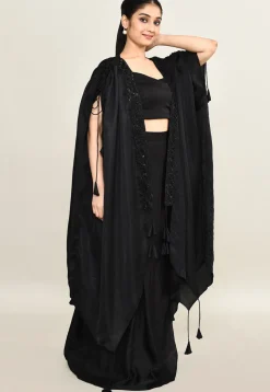 Hand Embroidered Viscose Cotton Crop Top Set in Black