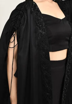 Hand Embroidered Viscose Cotton Crop Top Set in Black