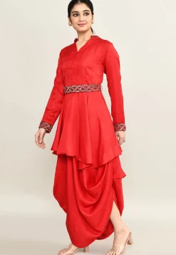 Hand Embroidered Viscose Cotton A Line Kurti Set in Red