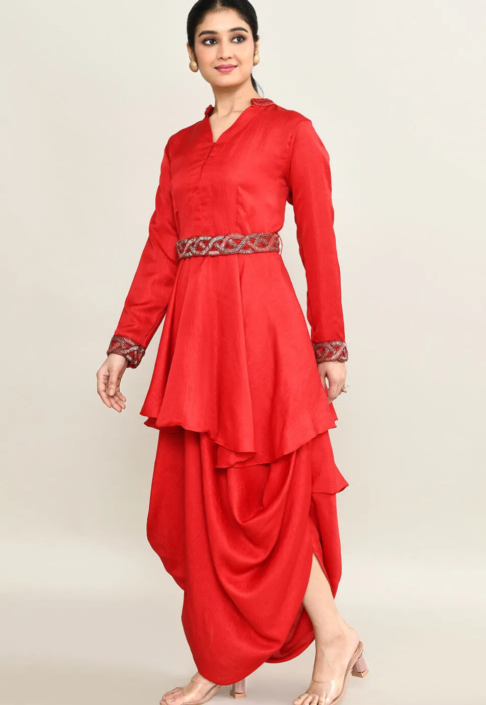 Hand Embroidered Viscose Cotton A Line Kurti Set in Red