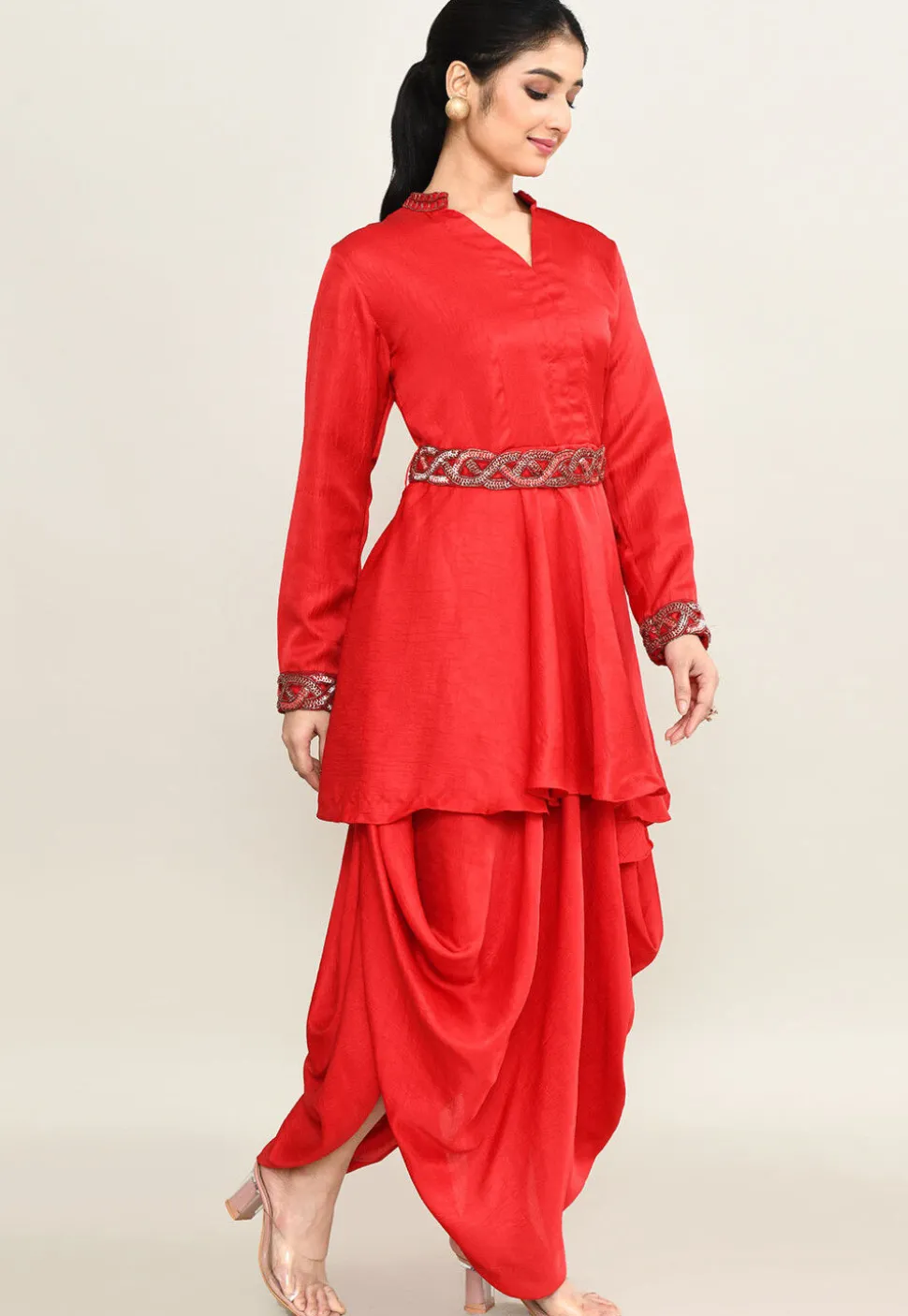 Hand Embroidered Viscose Cotton A Line Kurti Set in Red